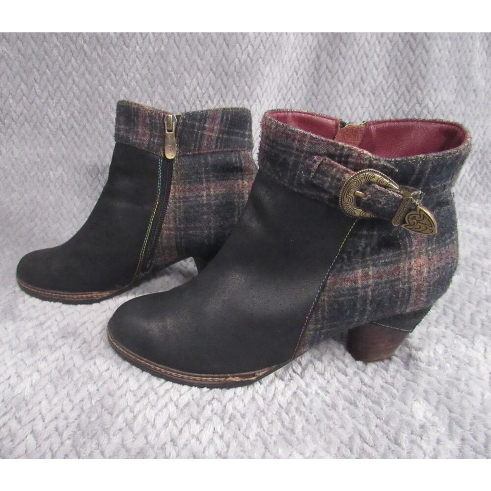 L’Artiste Spring Step Scottola Womens 8.5 Black Leather Plaid Ankle Boots